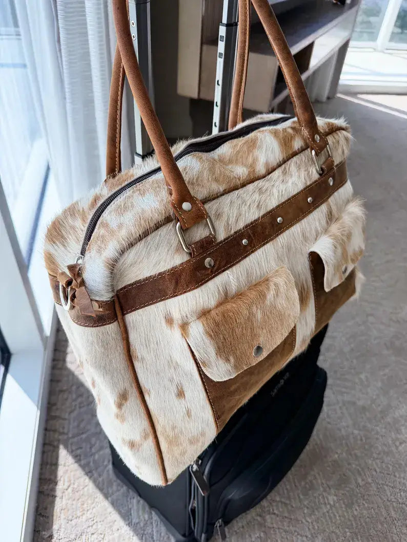 Boho Ranch Shop - Weekender Duffle Leather Hair On Cowhide Duffel Travel Bag - Brown +White Cowhide