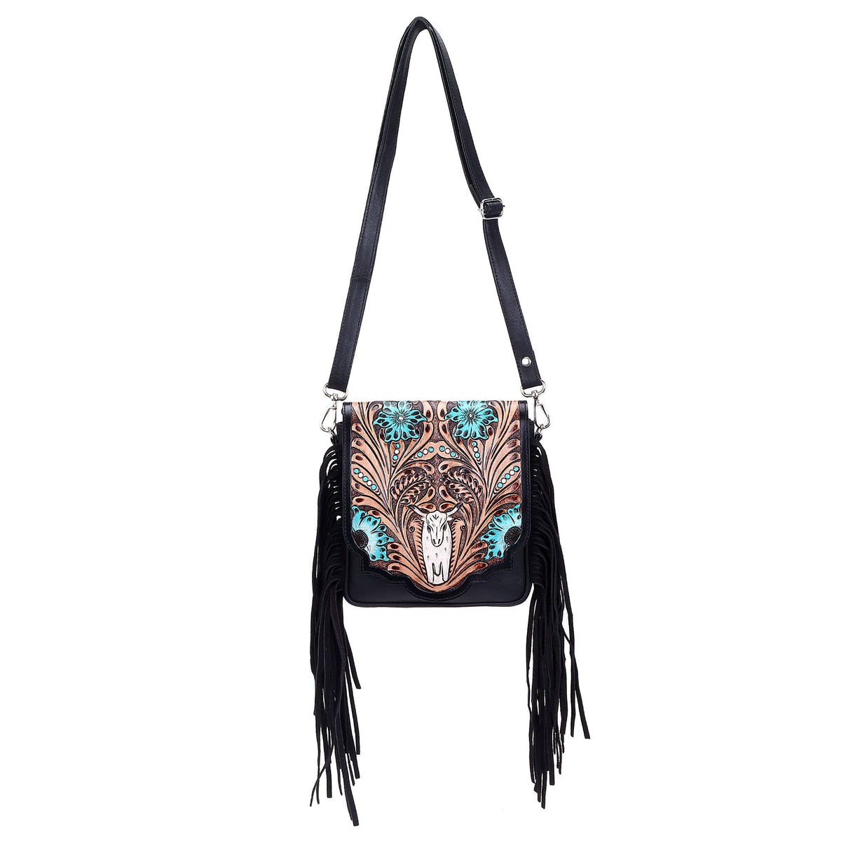 Sixtease Bags USA - Leather Cowhide Western Hand Tooled Women Small Crossbody - Black White Cowhide Inlay with Tan Floral Hand Tooled