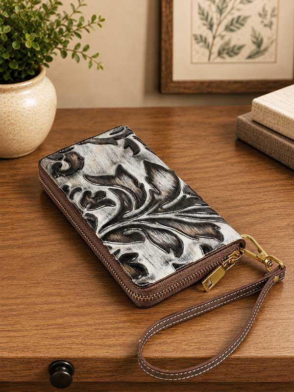 MC Handbags - 5023 Odessa Wallet - Genuine Tooled Embossed Leather  - Black Multi