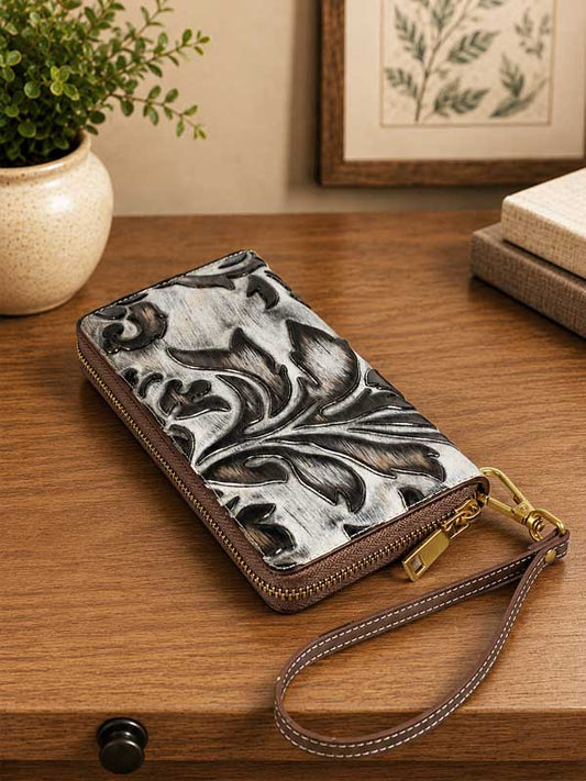Odessa Wallet - Genuine Tooled Embossed Leather  - Chesunt Brown