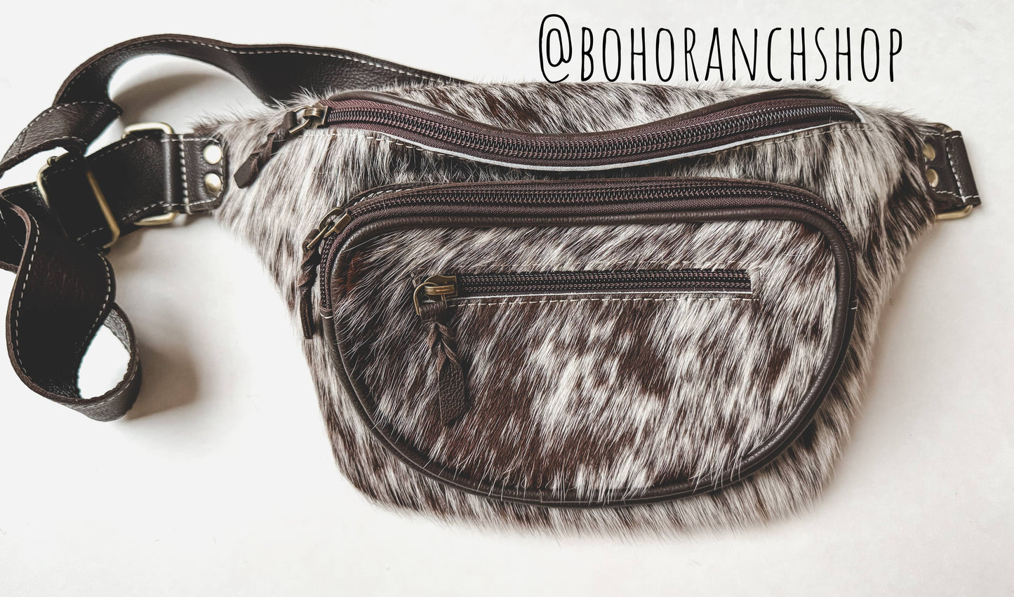 Boho Ranch Shop - Western Hairon Cowhide Fanny Pack - bum bag sling bag - Black + White Cowhde