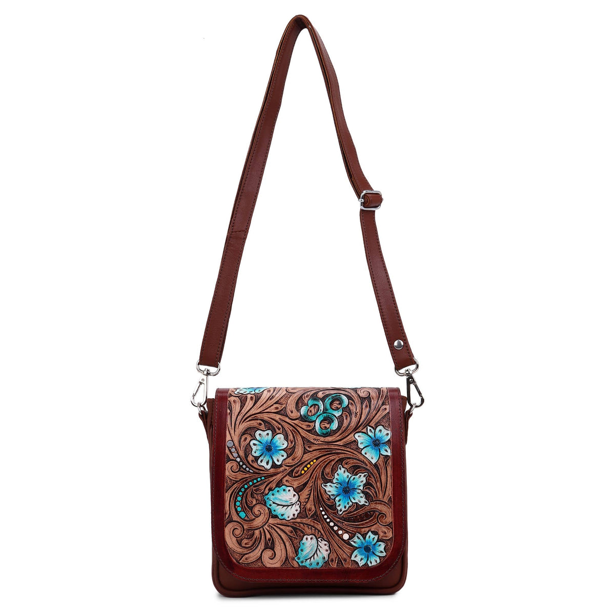 Sixtease Bags USA - Leather Cowhide Western Hand Tooled Women Small Crossbody - Black White Cowhide Inlay with Tan Floral Hand Tooled