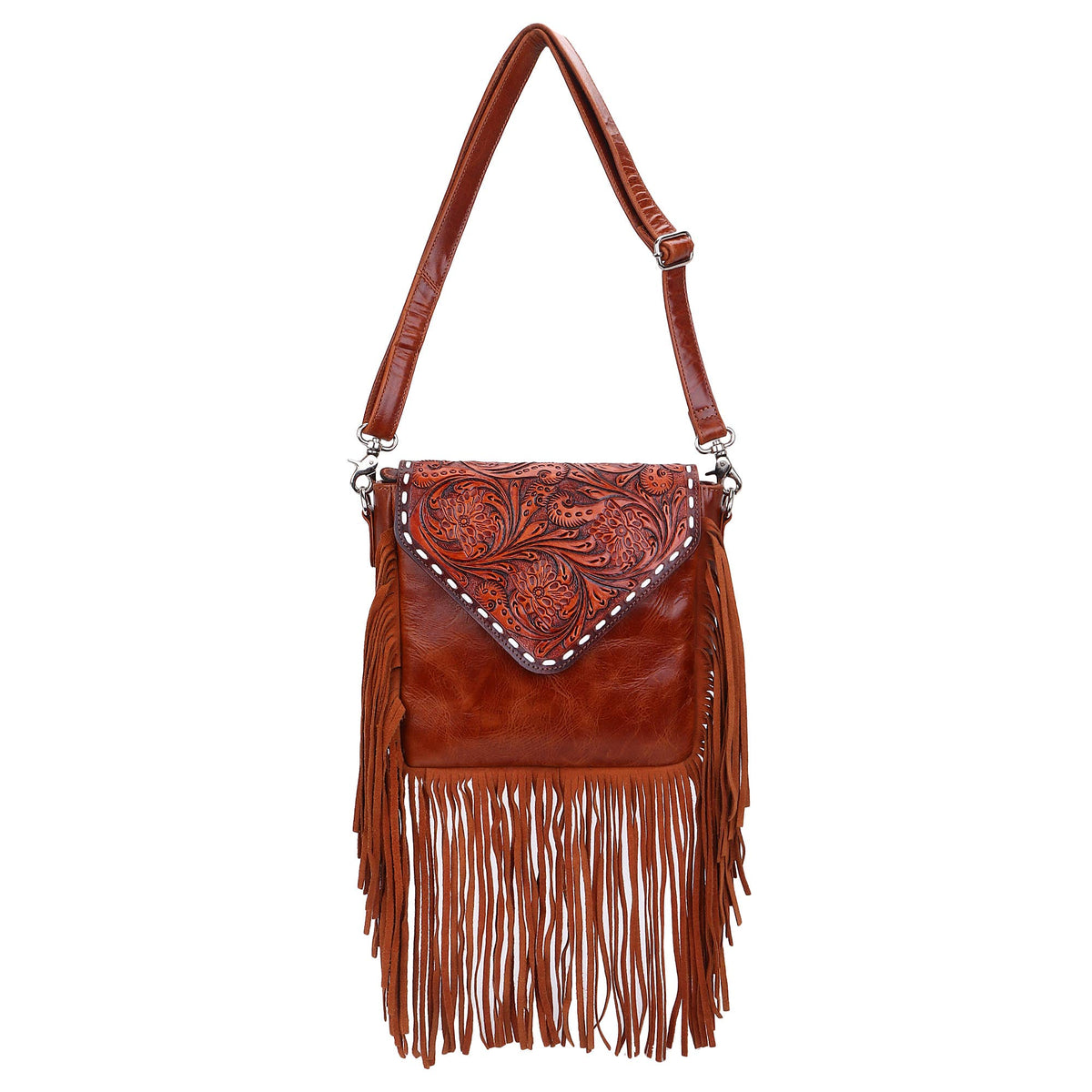 Leather Cowhide Western Hand Tooled Women Crossbody Bag - Tan Aztec with Turquoise Inlay