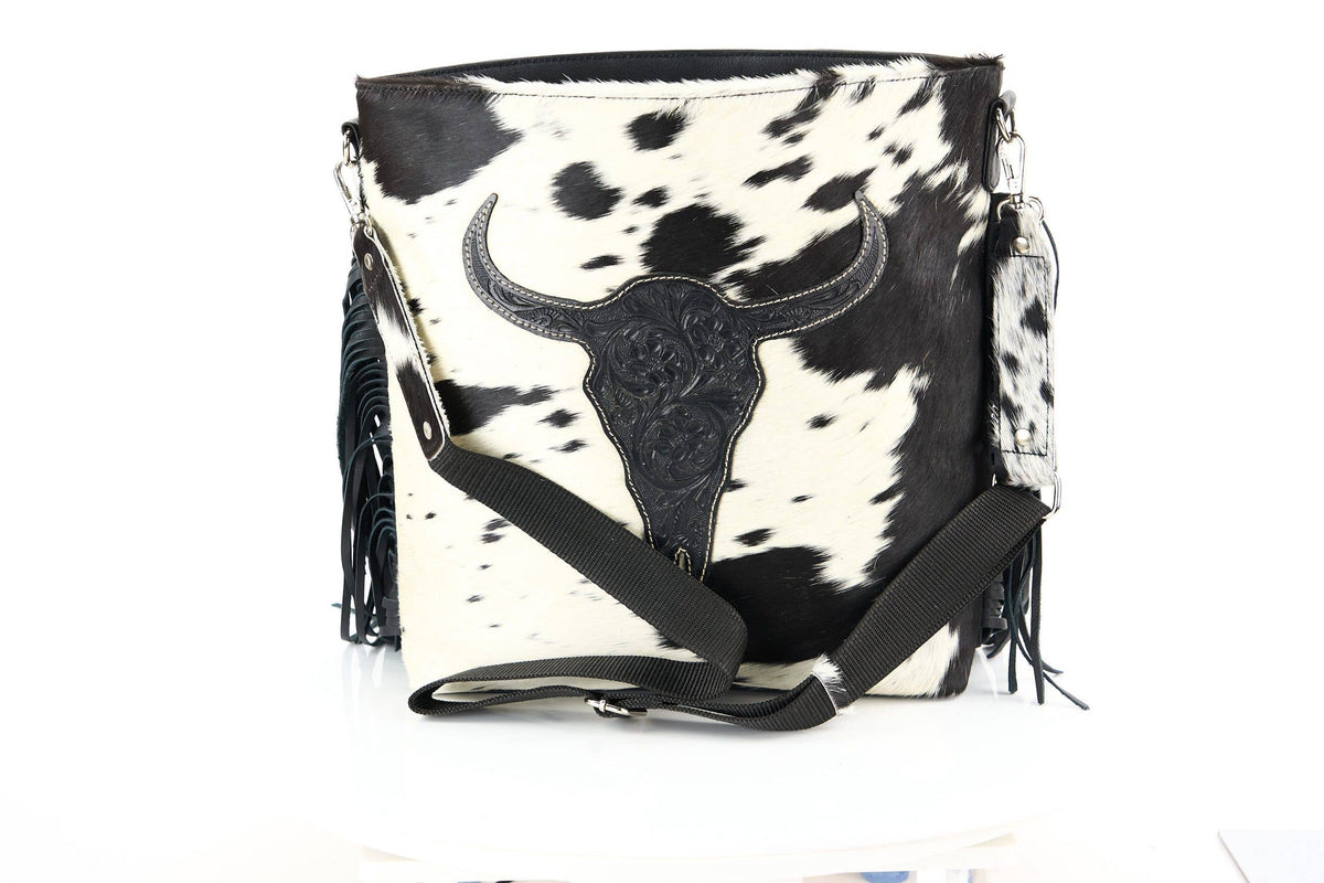 Hair on Hide Tote with Tooled Floral Bison Logo