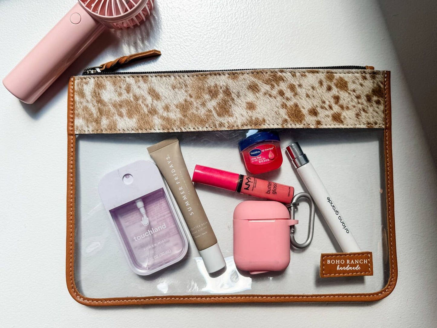 Boho Ranch Shop - Cowhide Clear Toiletry Makeup Bag, organizer Travel Pouch - TAN + WHITE COWHIDE