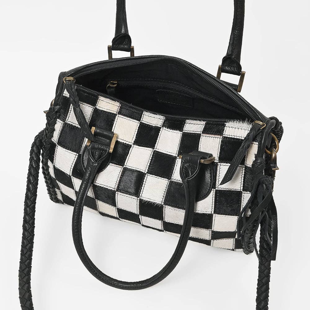 American Darling - Hair-On Hide Satchel Bag for Women Checkered Leather Handbag - ADBGM860A