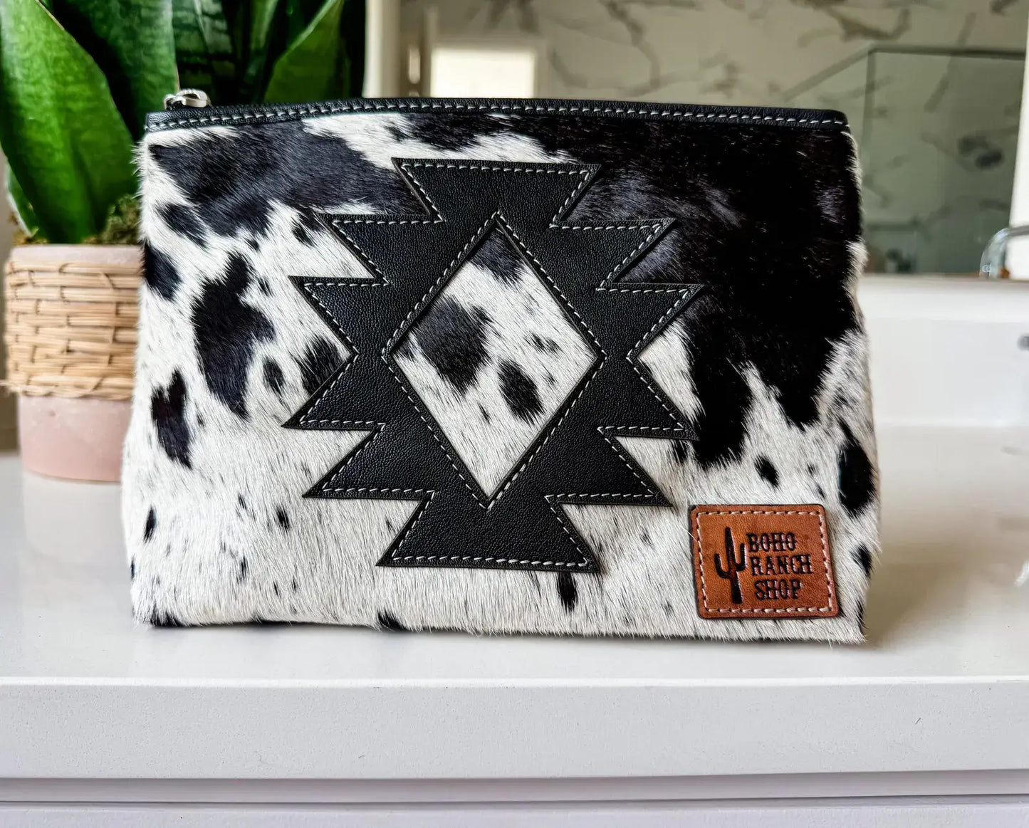 Boho Ranch Shop - COWHIDE AZTEC  MAKEUP bag Genuine Hair On travel - Black Leather