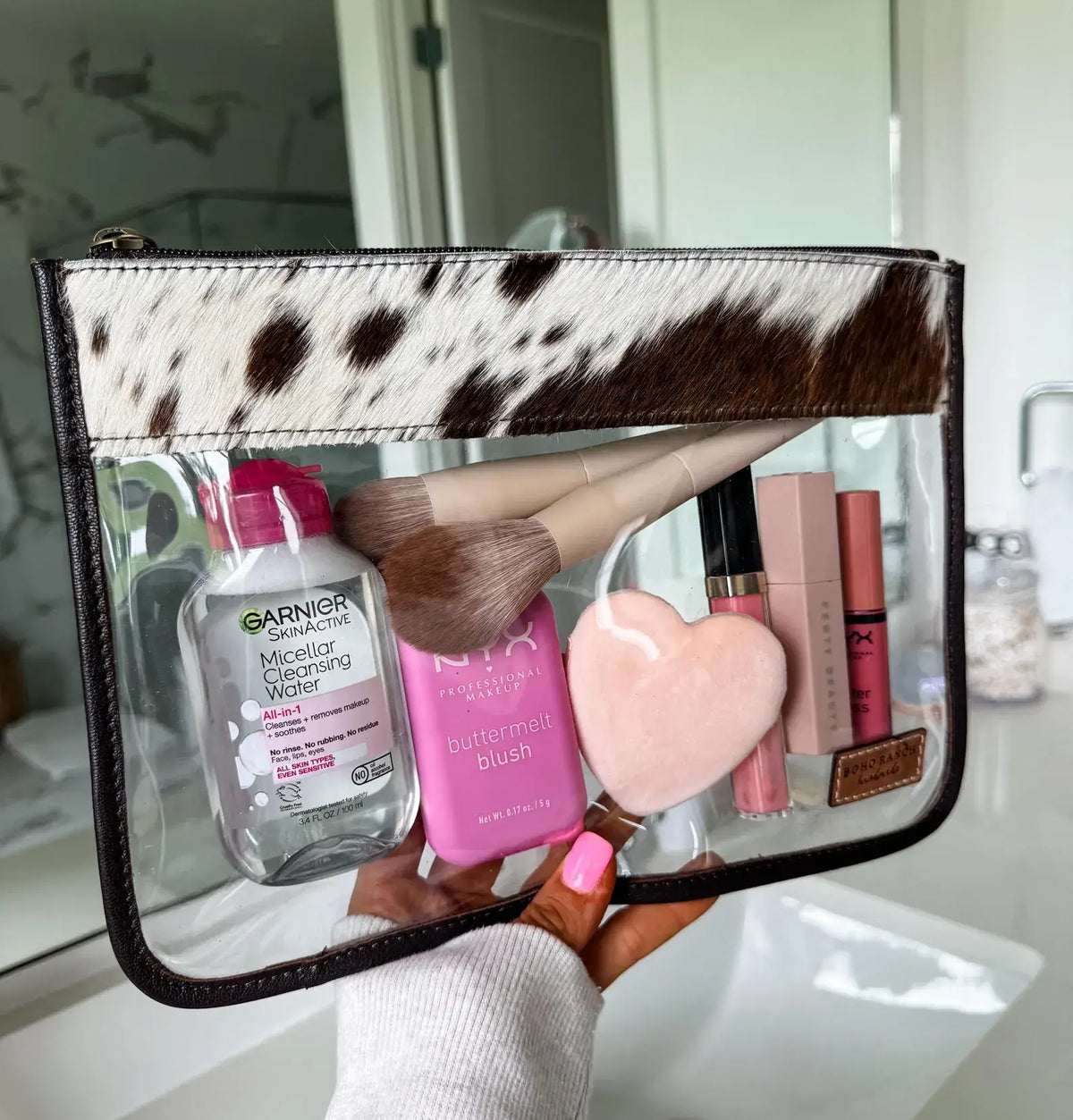 Boho Ranch Shop - Cowhide Clear Toiletry Makeup Bag, organizer Travel Pouch - TAN + WHITE COWHIDE