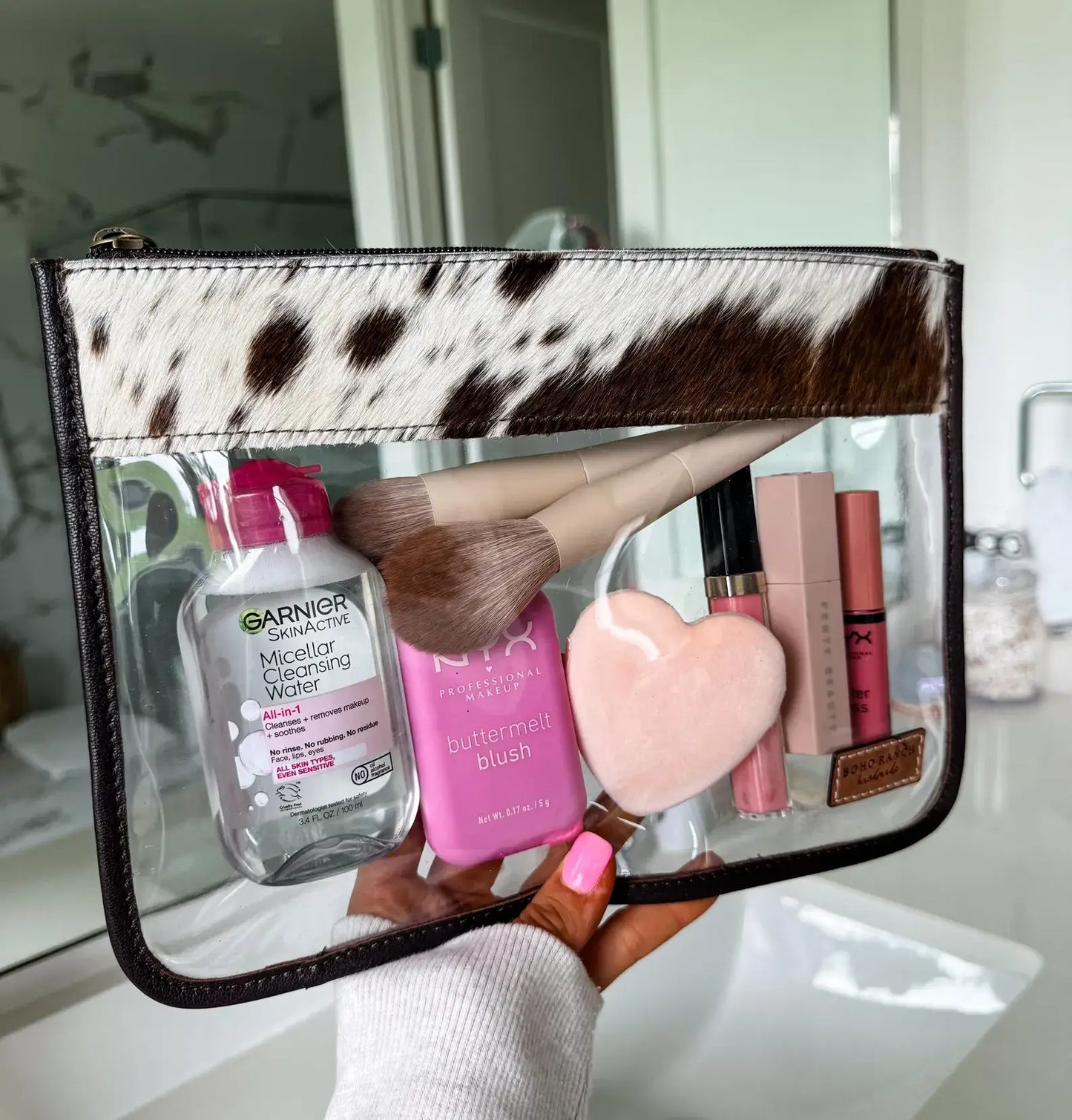 Boho Ranch Shop - Cowhide Clear Toiletry Makeup Bag, organizer Travel Pouch - WHITE + GOLD