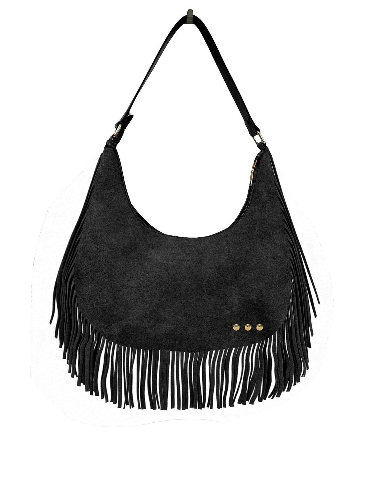 Pretty Simple - Loretta Suede Fringe Slouchy Bag - Black