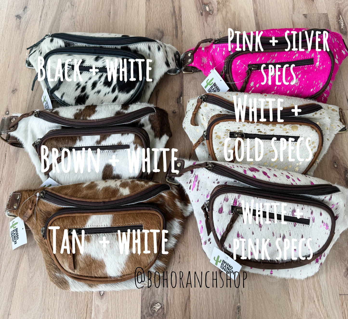 Boho Ranch Shop - Western Hairon Cowhide Fanny Pack - bum bag sling bag - Black + White Cowhde