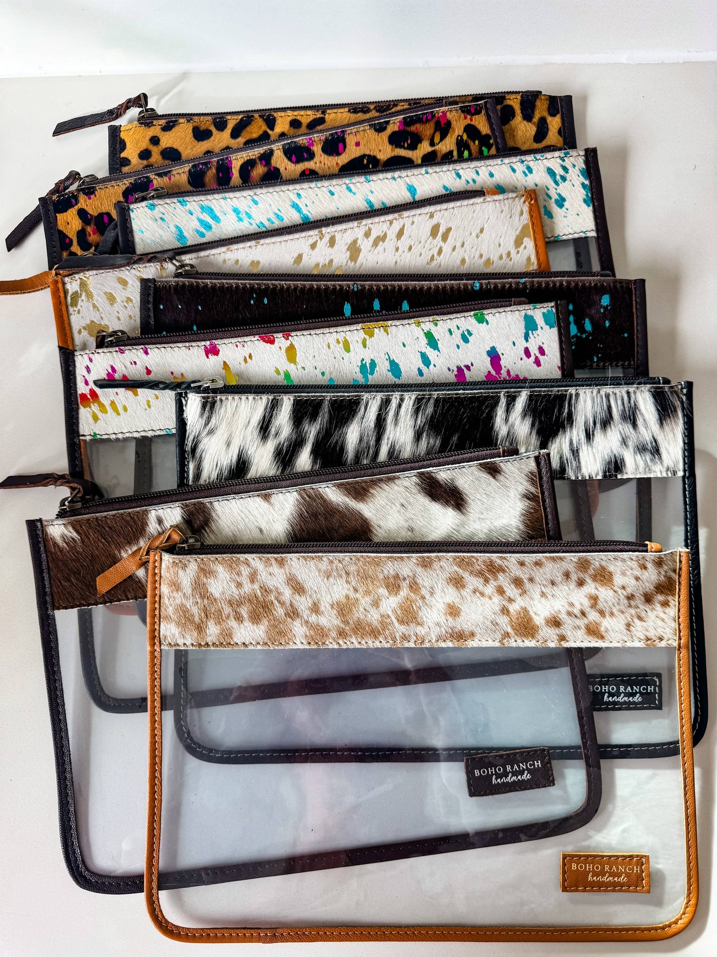 Boho Ranch Shop - Cowhide Clear Toiletry Makeup Bag, organizer Travel Pouch - BROWN + WHITE COWHIDE