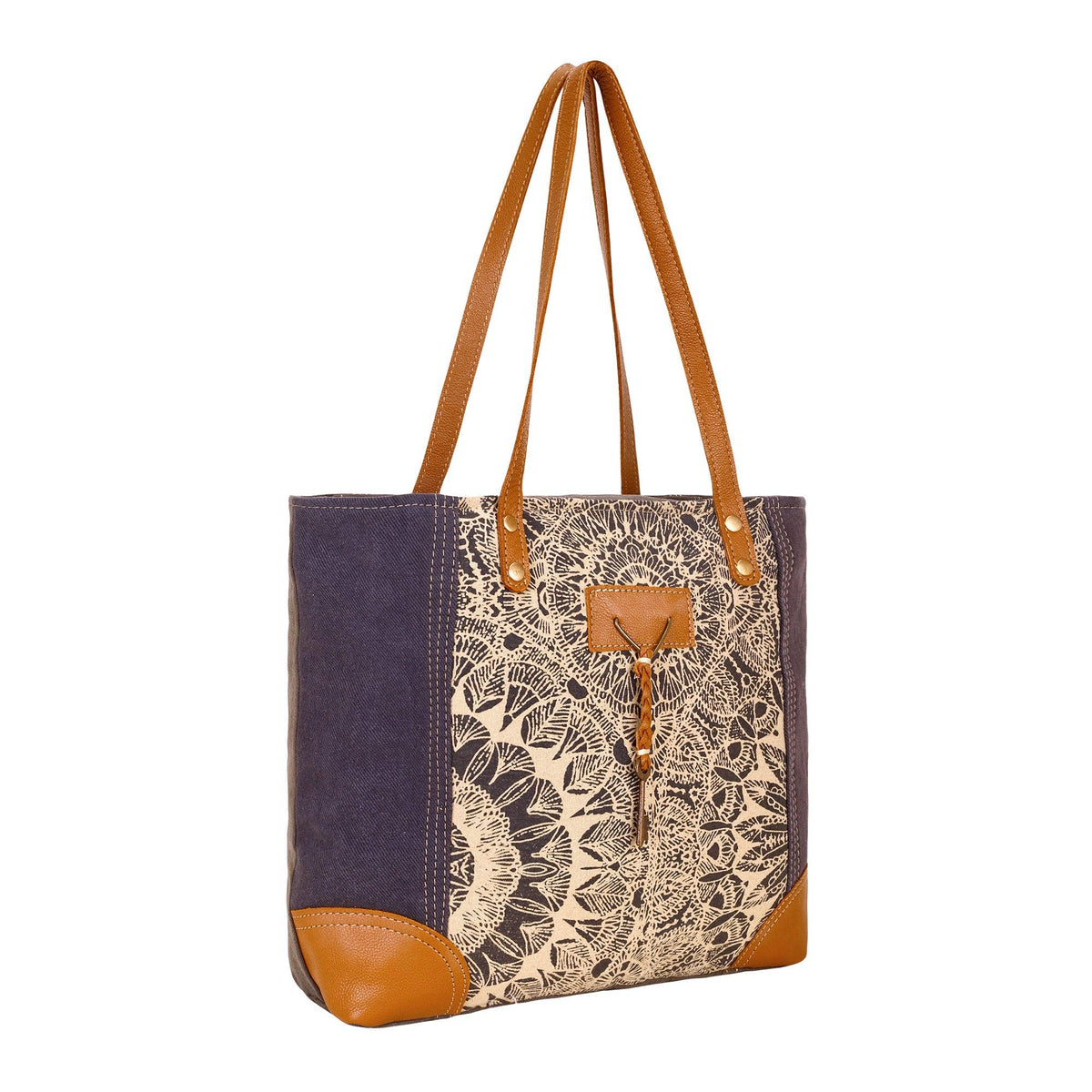 Myra Bag - Abstract Key Tote Bag in charcoal with lace print - Charcoal