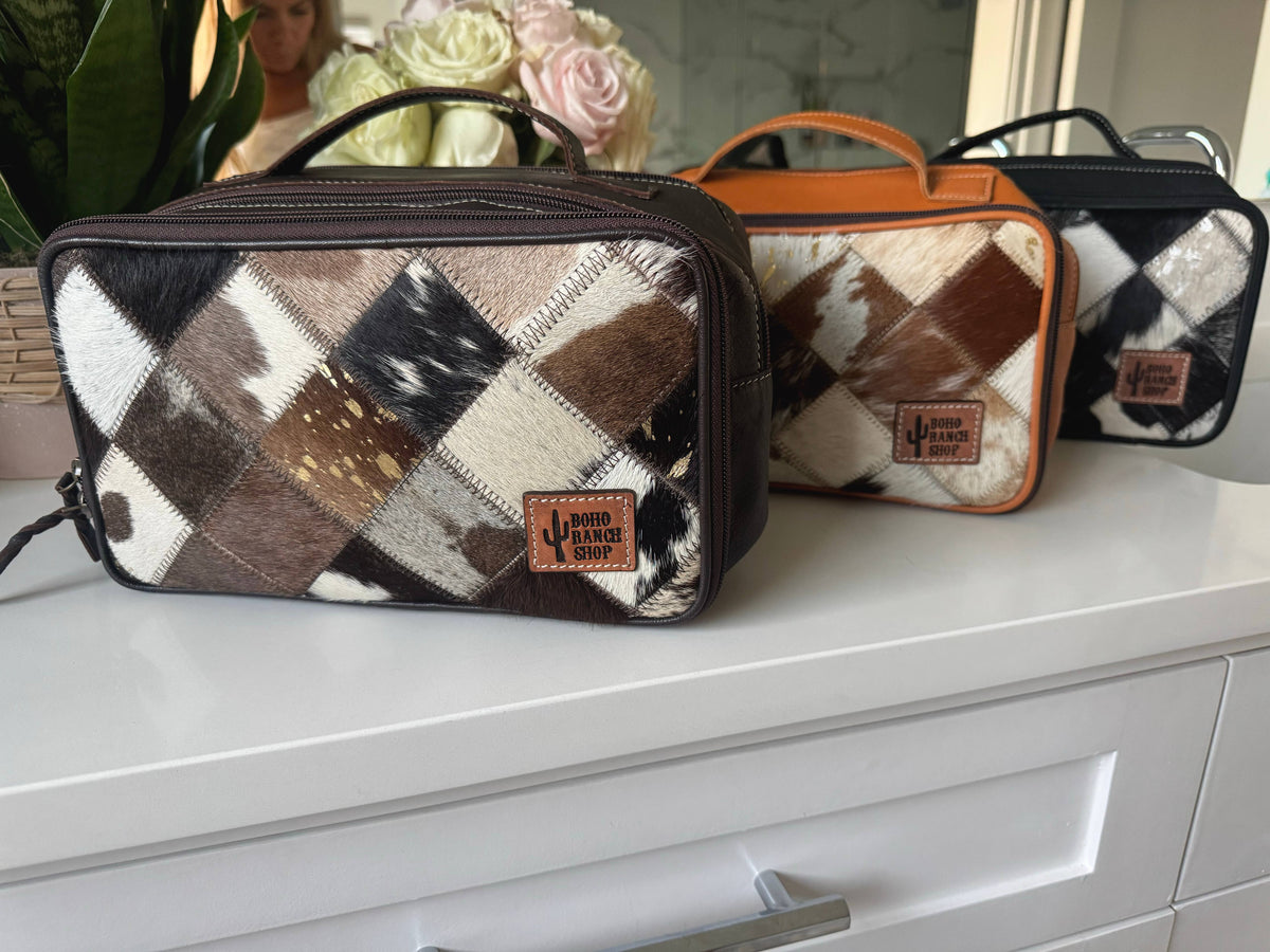 Boho Ranch Shop - MUA COWHIDE COSMETICS TRAVEL bag Genuine Leather makeup mua - TAN + WHITE COWHIDE