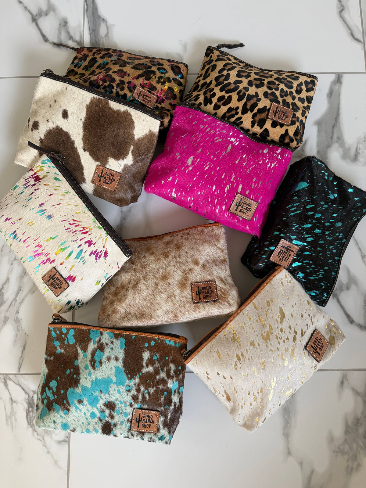 Boho Ranch Shop - Western Cowhide Makeup Bag Travel - BLACK + WHITE