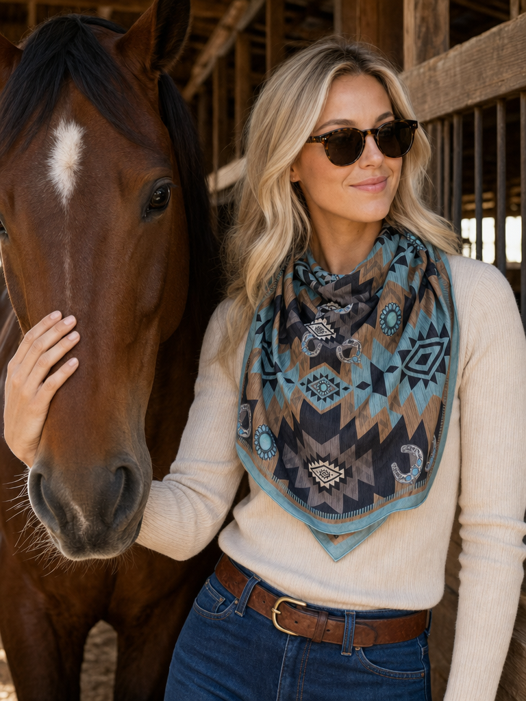 AZTEC PRINT SQUARE WILD RAG 36X36 - Teal/Mocha