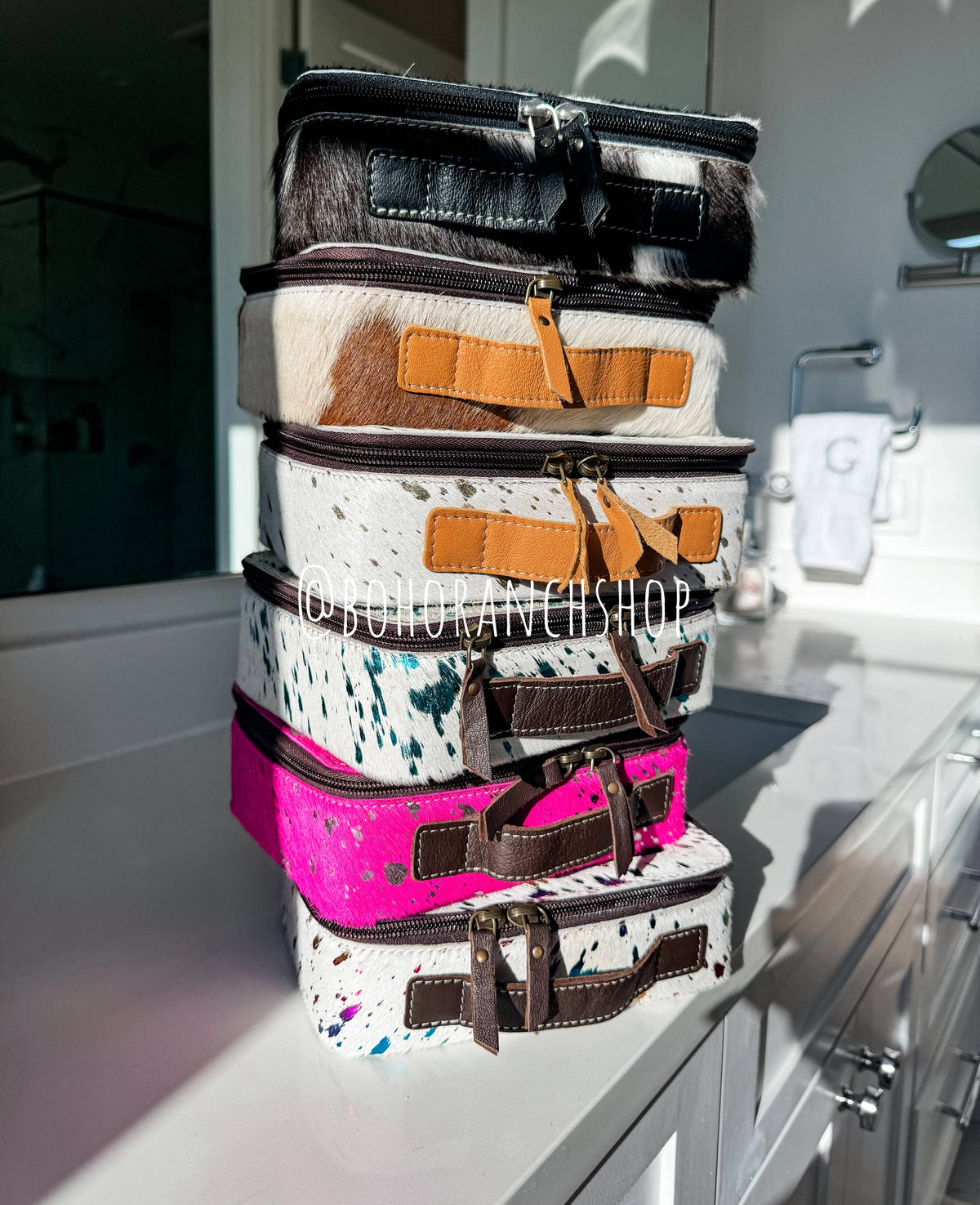 Boho Ranch Shop - Cowhide Cosmetic Case - Toiletry Makeup Travel Bag - BLACK + WHITE