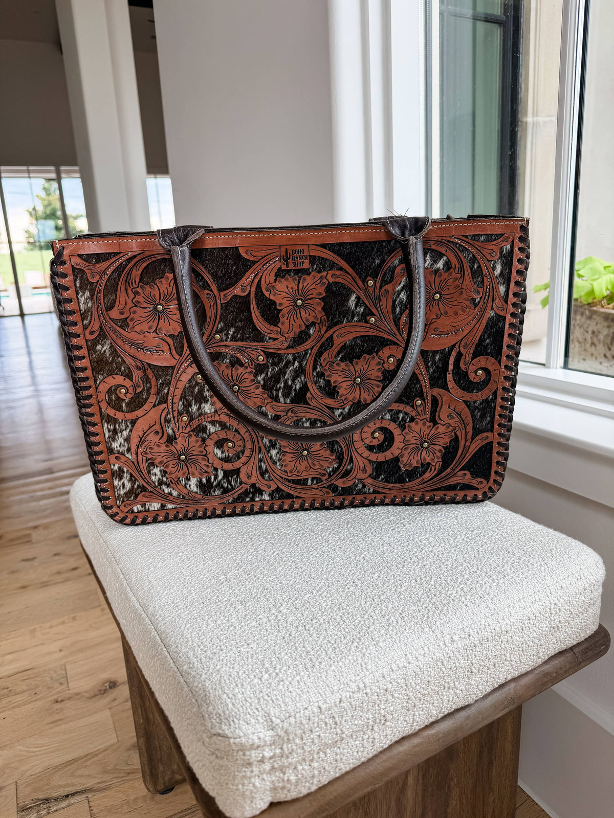 Boho Ranch Shop - Ericka Tote – Genuine Leather & Hair-on Cowhide Handbag - BROWN