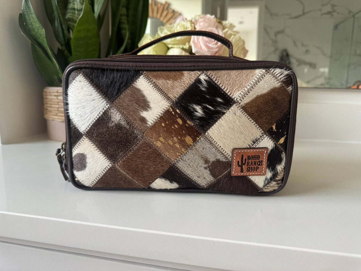 Boho Ranch Shop - MUA COWHIDE COSMETICS TRAVEL bag Genuine Leather makeup mua - TAN + WHITE COWHIDE
