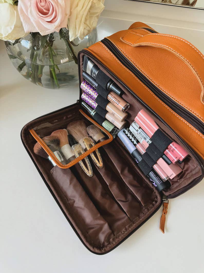 Boho Ranch Shop - MUA COWHIDE COSMETICS TRAVEL bag Genuine Leather makeup mua - TAN + WHITE COWHIDE