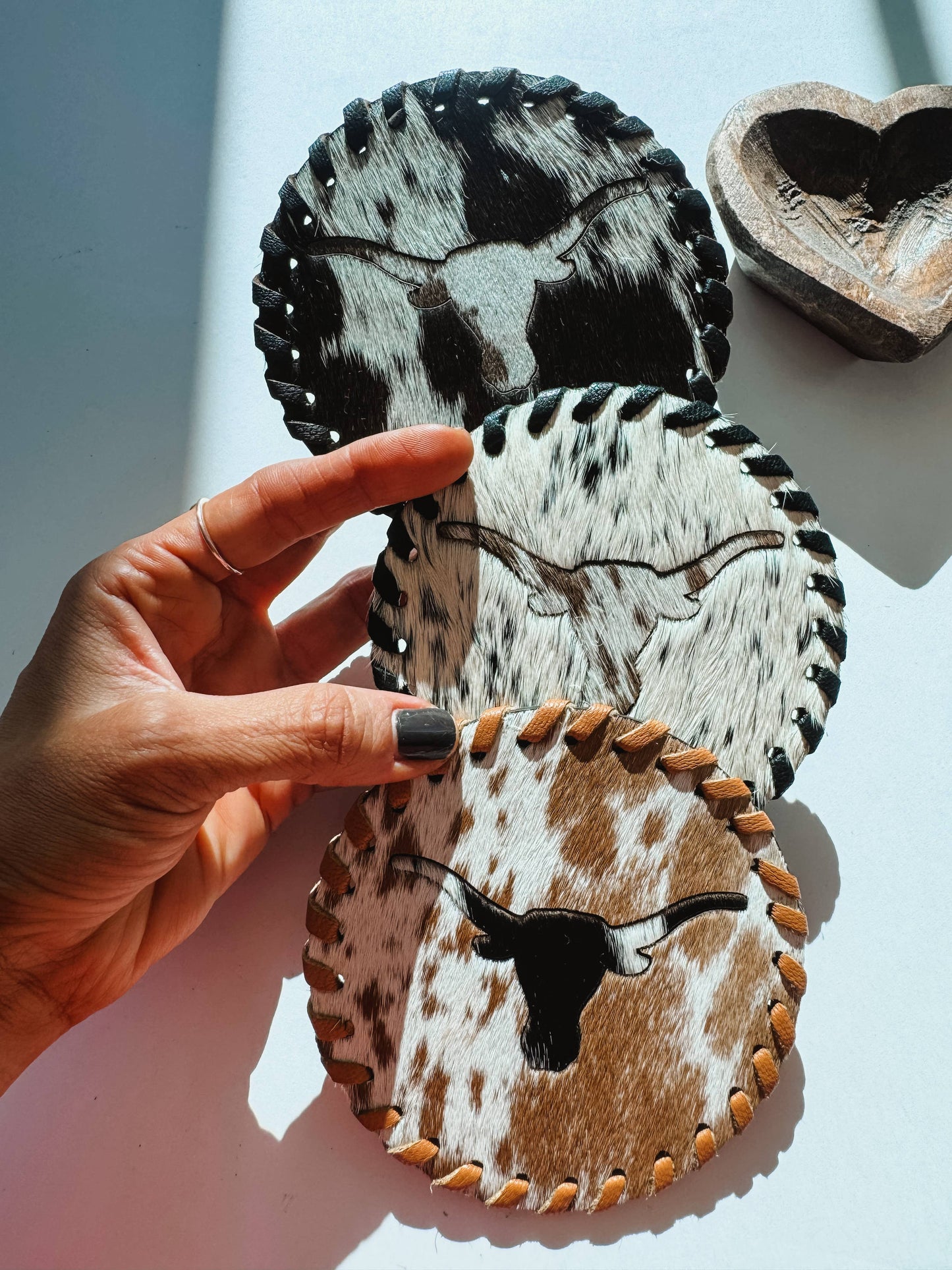 Boho Ranch Shop - Genuine Cowhide Leather Coasters P| Western Hair-On Hide - LONGHORN - BROWN/WHITE