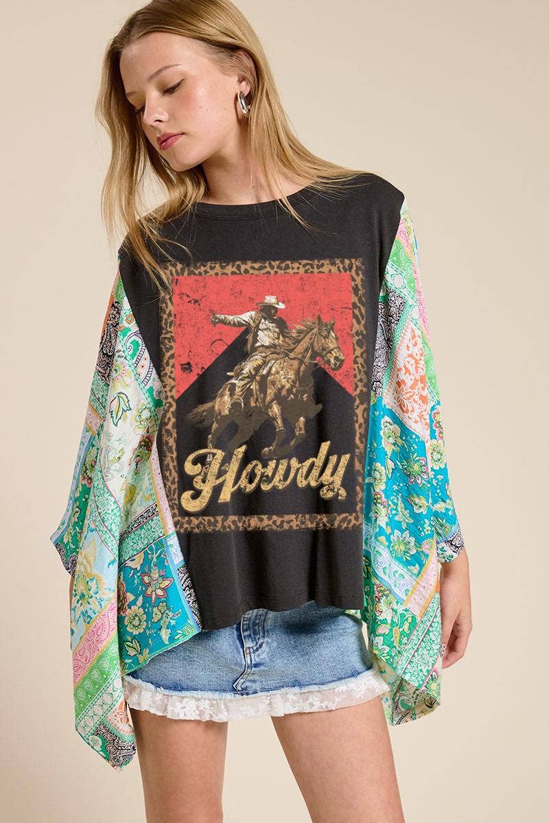 Zutter - Howdy Western Cowboy Graphic Rustic Sheer Sleeves Kaftan Top - BLACK / L