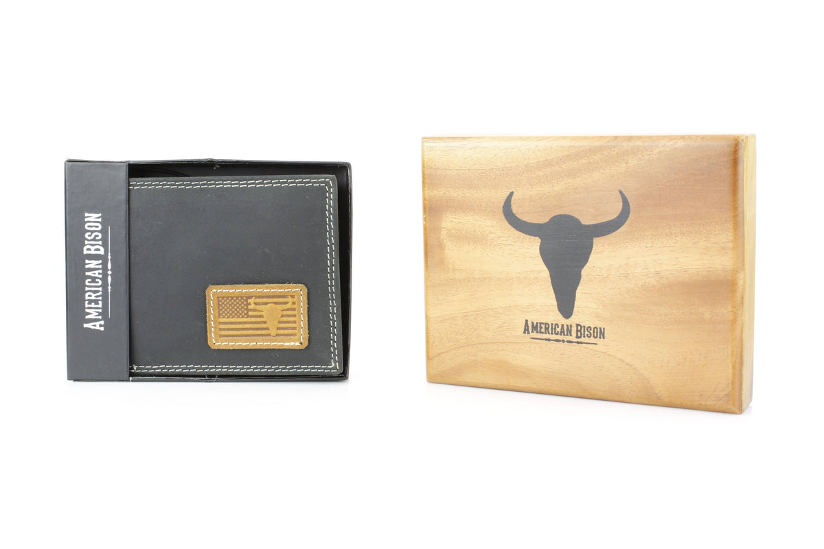 Leather Impressions Inc - Bi-Fold Wallet with Flag & Bison Skull ABMW 25-2008 - Black