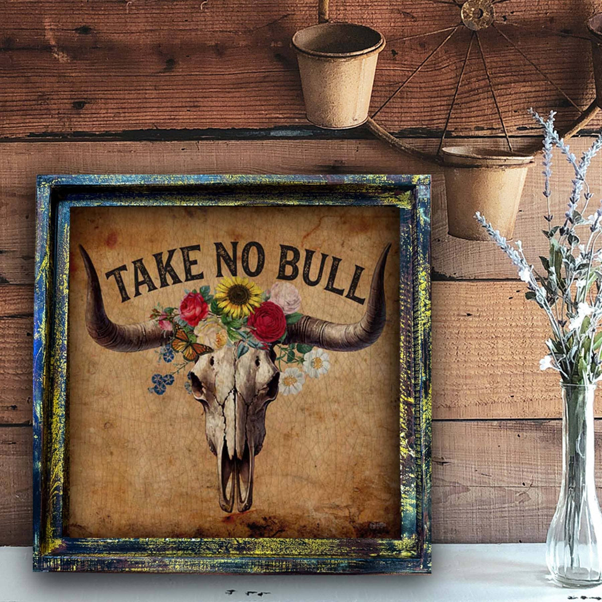 TroubleMaker Trading Company - Take No Bull Longhorn Skull - Square Framed Artwork - Extra Small - 10"