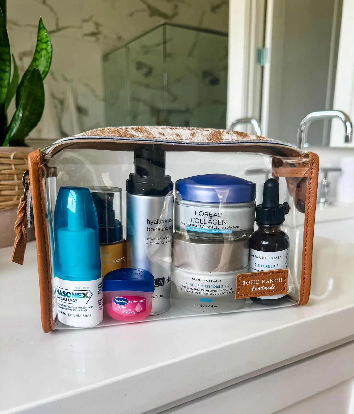 Boho Ranch Shop - Cowhide Clear Toiletry Makeup Bag, organizer, Travel - BROWN + TURQUOISE