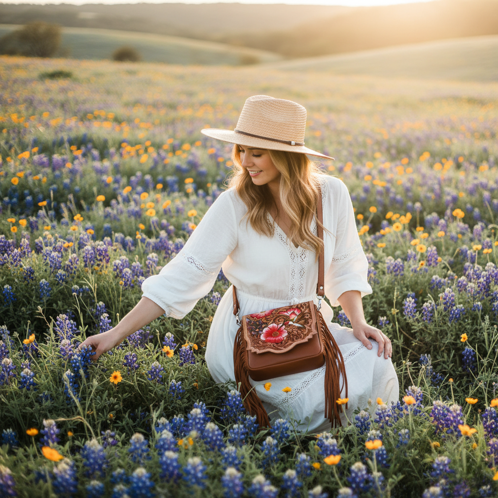 Sixtease Bags USA - Leather Cowhide Western Hand Tooled Women Small Crossbody - Black White Cowhide Inlay with Tan Floral Hand Tooled