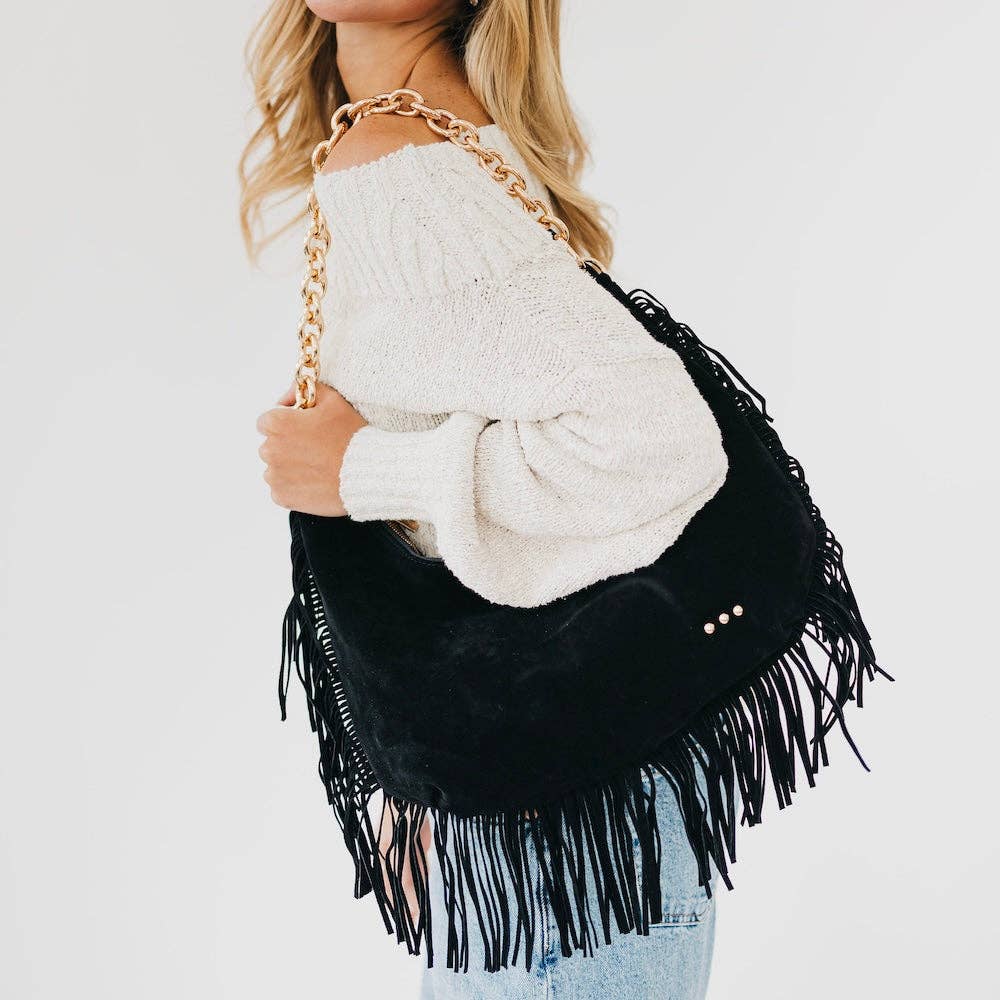 Pretty Simple - Loretta Suede Fringe Slouchy Bag - Black