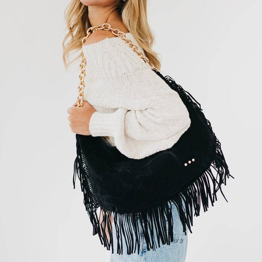 Pretty Simple - Loretta Suede Fringe Slouchy Bag - Black