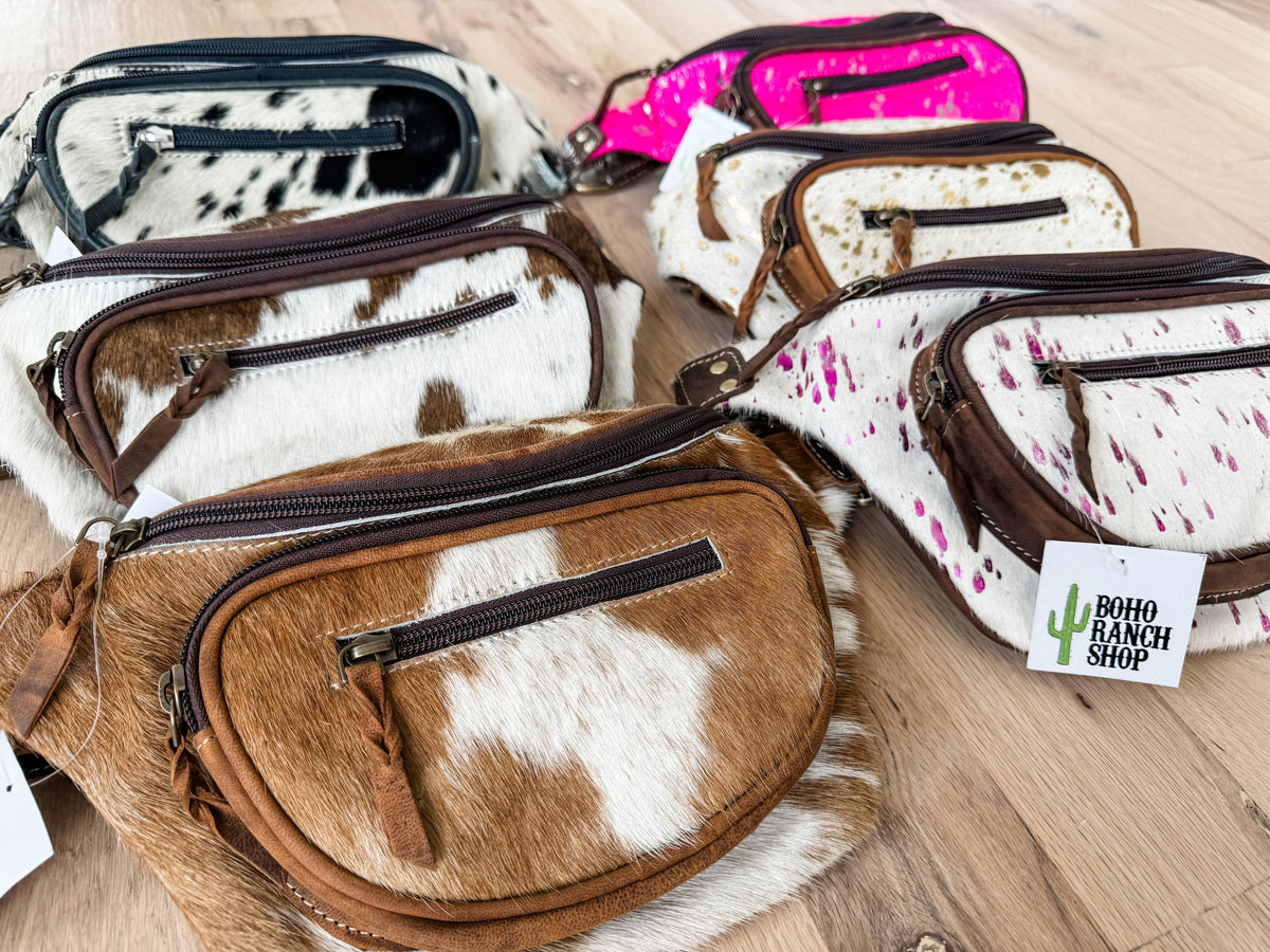 Boho Ranch Shop - Western Hairon Cowhide Fanny Pack - bum bag sling bag - Black + White Cowhde