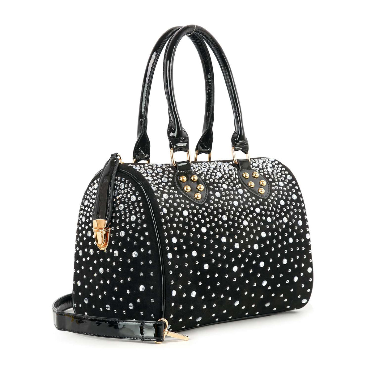 Rhinestone Covered Locked Satchel Handbag - Black