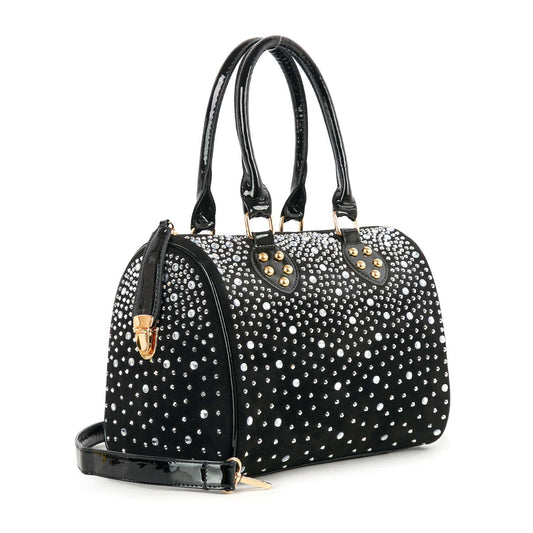 Rhinestone Covered Locked Satchel Handbag - Black