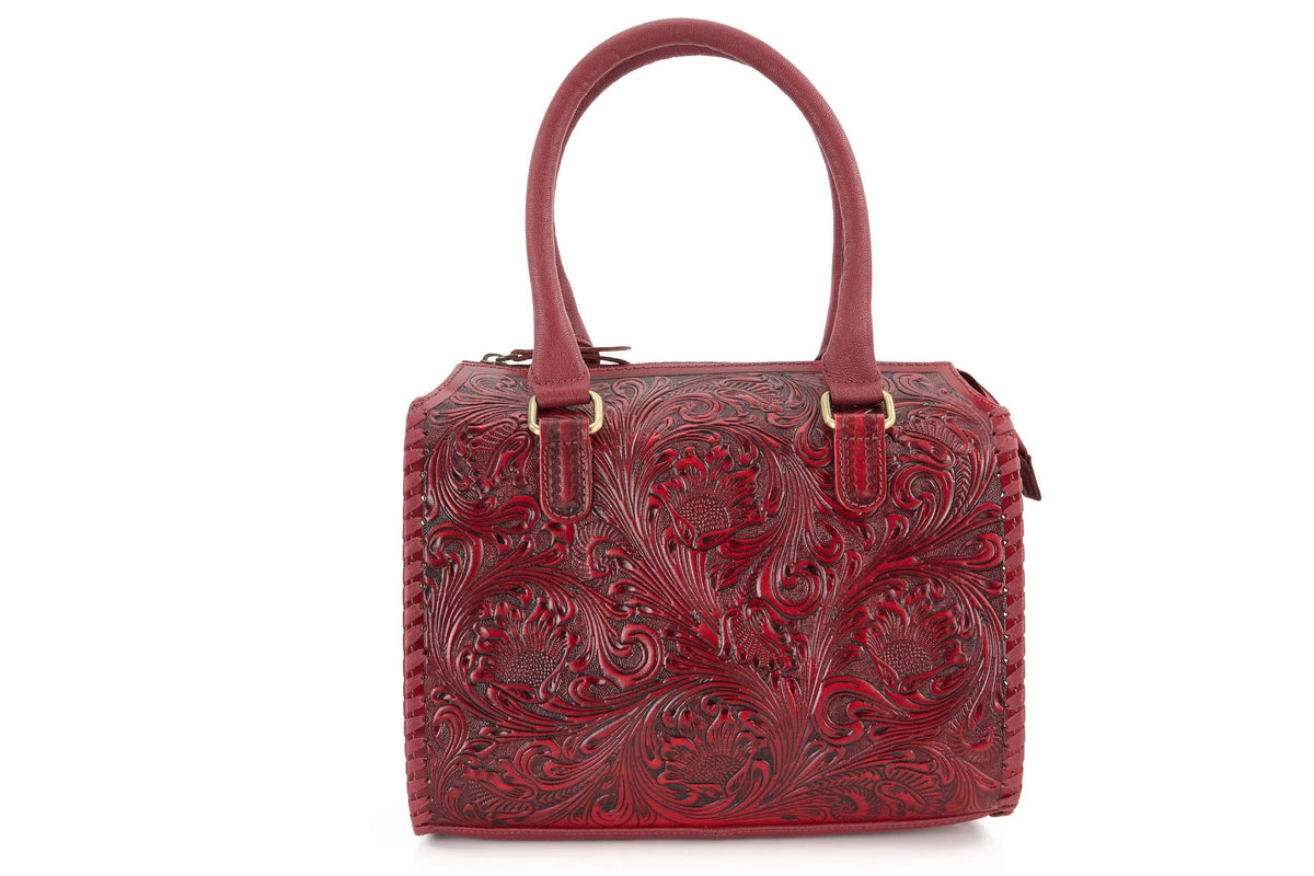 Leather Impressions Inc - Red Tooled Leather Barrel Bag – ABHB 18-26113