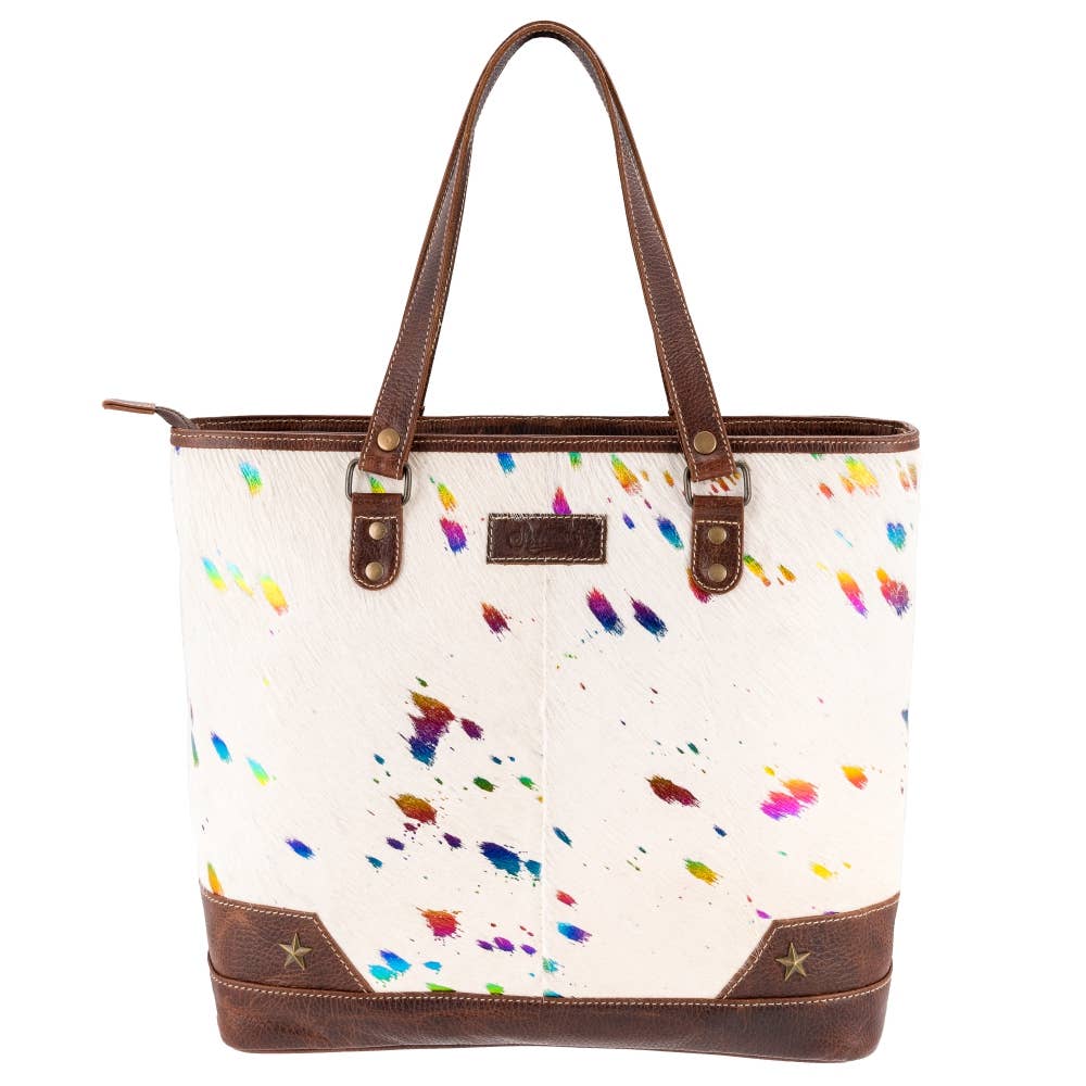 Sixtease Bags USA - Full Grain Leather & Acid Wash Cowhide Tote Bag - Women's - Tan/Gold