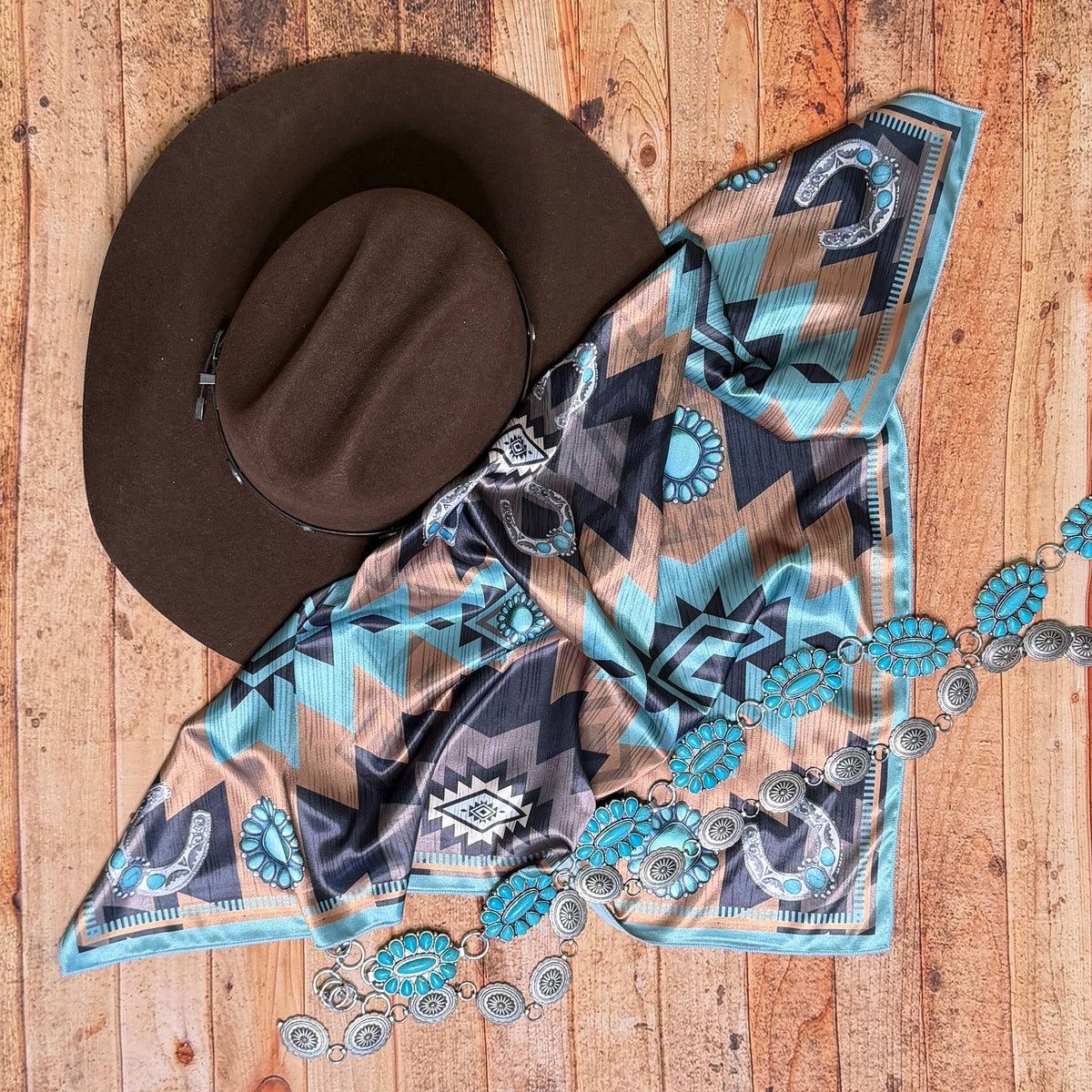 AZTEC PRINT SQUARE WILD RAG 36X36 - Teal/Mocha