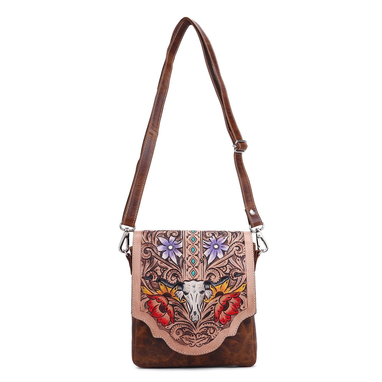 Sixtease Bags USA - Leather Cowhide Western Hand Tooled Women Small Crossbody - Black White Cowhide Inlay with Tan Floral Hand Tooled