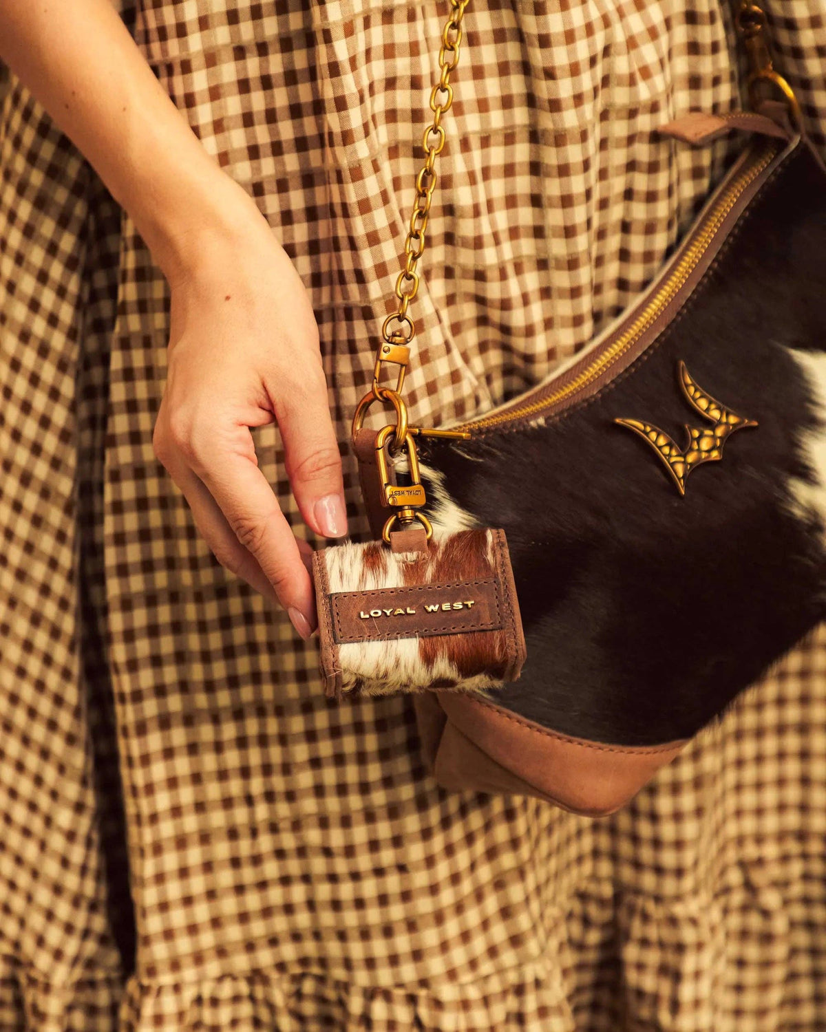 Loyal West - Gloriana Clip On Bag Charm - Brown & White Cowhide