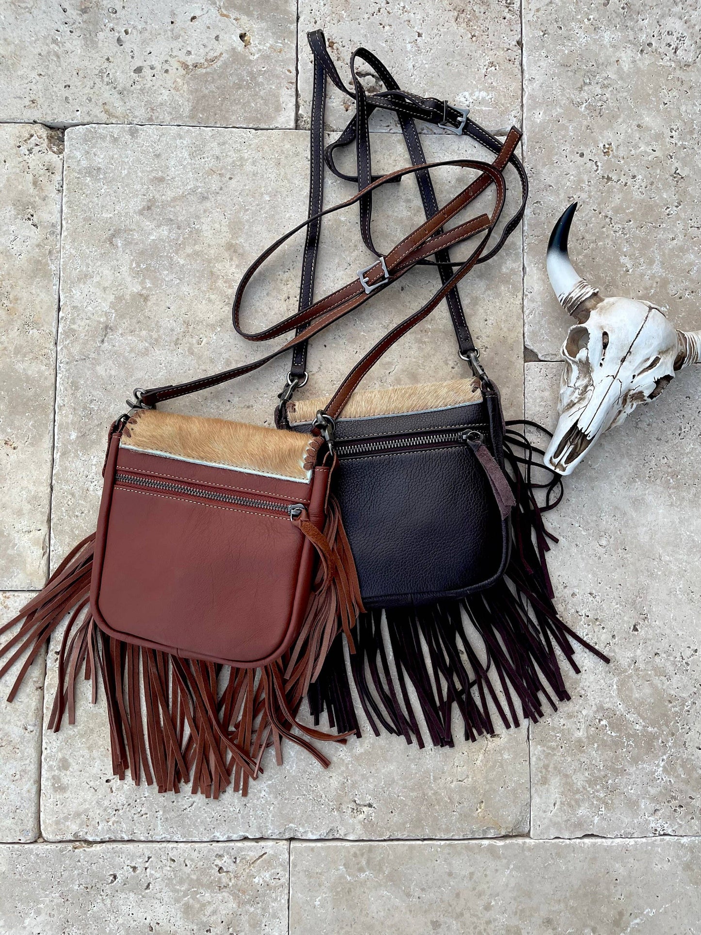 Boho Ranch Shop - The Kylie Crossbody - Genuine Hairon Cowhide - WHITE + GOLD SPECS