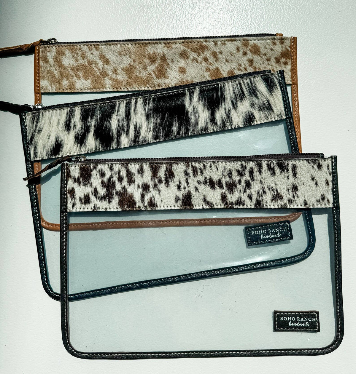 Boho Ranch Shop - Cowhide Clear Toiletry Makeup Bag, organizer Travel Pouch - TAN + WHITE COWHIDE