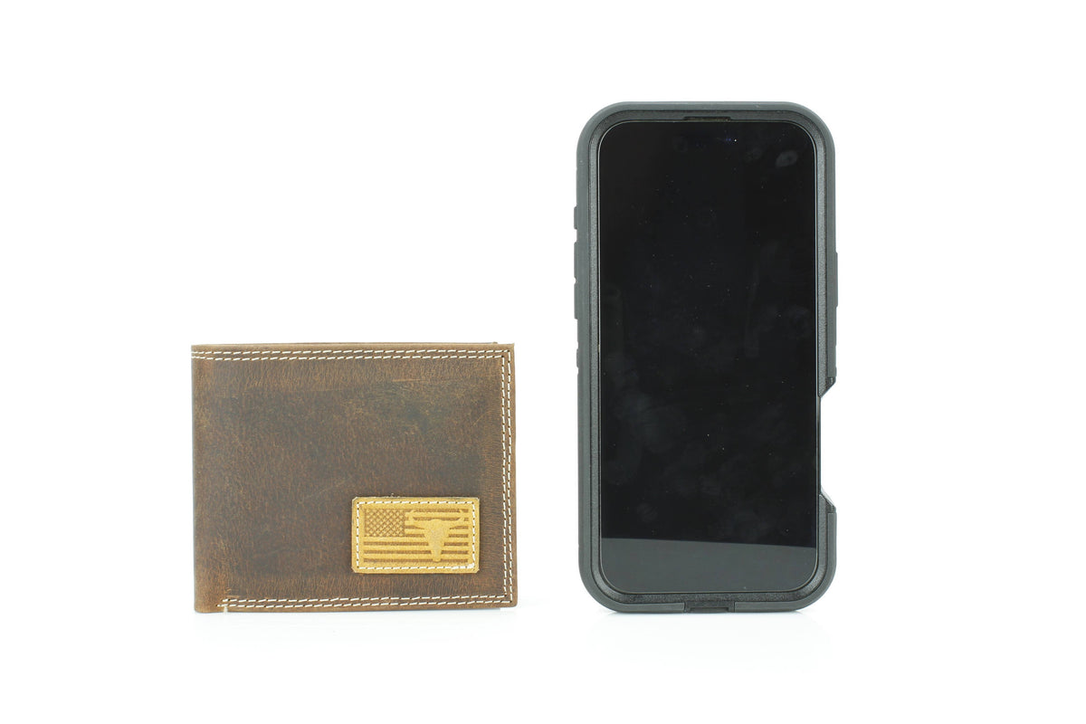 Leather Impressions Inc - Bi-Fold Wallet with Flag & Bison Skull ABMW 25-2008 - Black