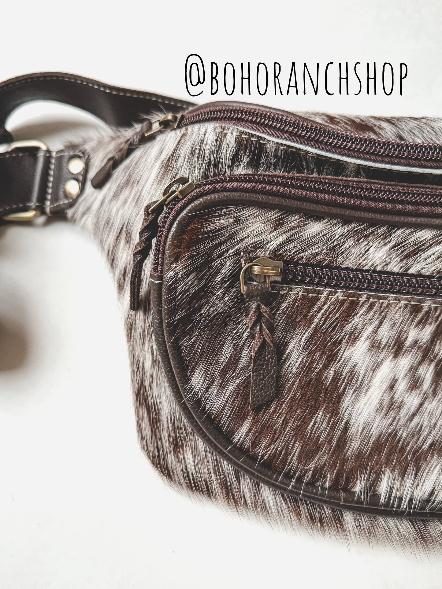 Boho Ranch Shop - Western Hairon Cowhide Fanny Pack - bum bag sling bag - Black + White Cowhde