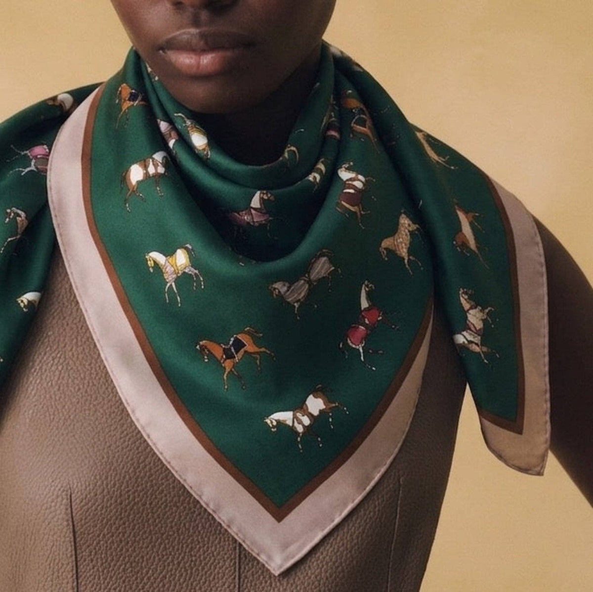 Ellison+Young - Equestrian Horse Print Satin Square Scarf - Classic Preppy - Preppy Green
