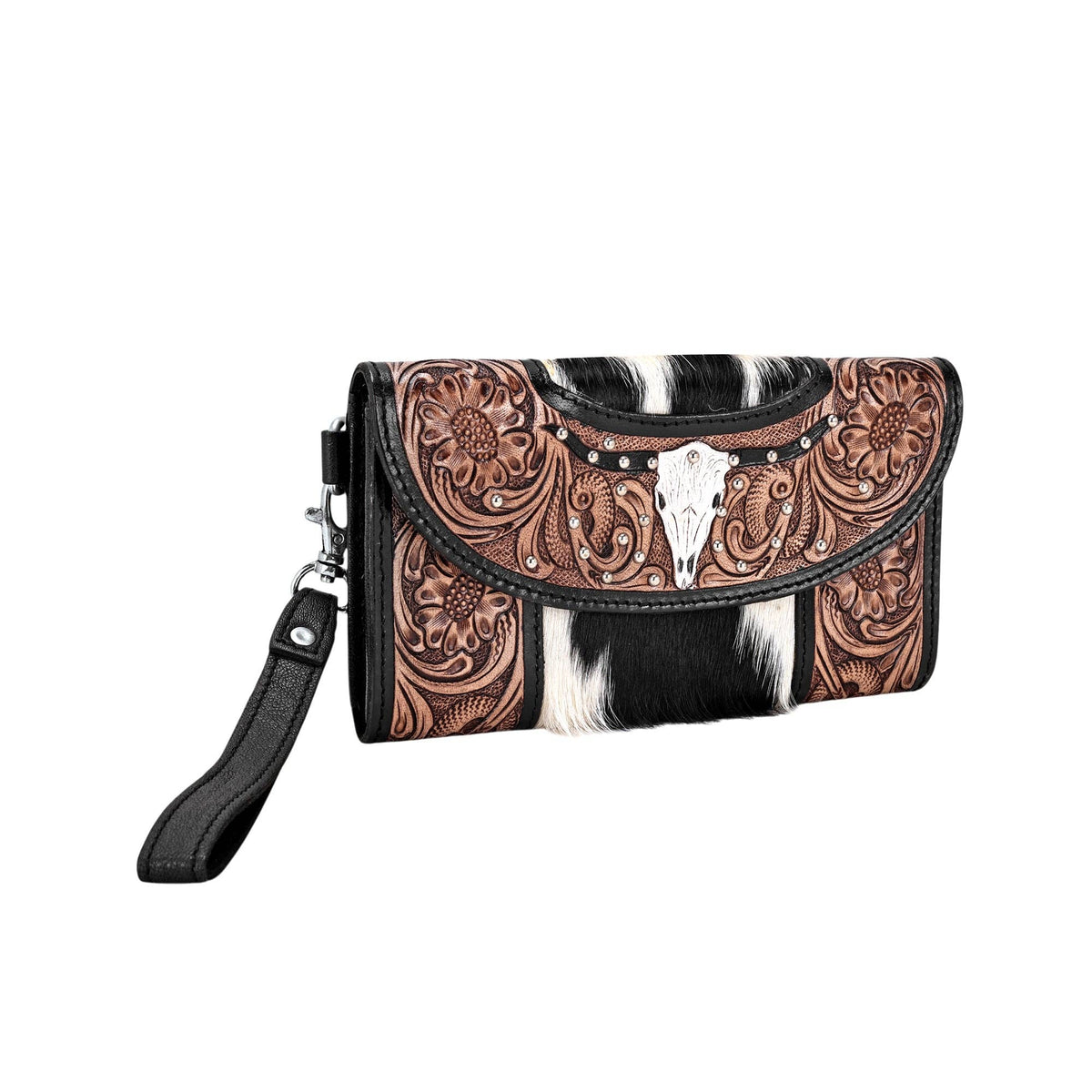Myra Bag - Sandstone Trail Wristlet Wallet for Women in black with hair on and hand tooled steer skull - Black