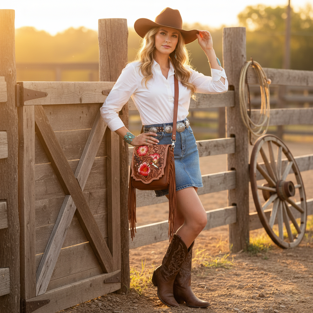 Sixtease Bags USA - Leather Cowhide Western Hand Tooled Women Small Crossbody - Black White Cowhide Inlay with Tan Floral Hand Tooled