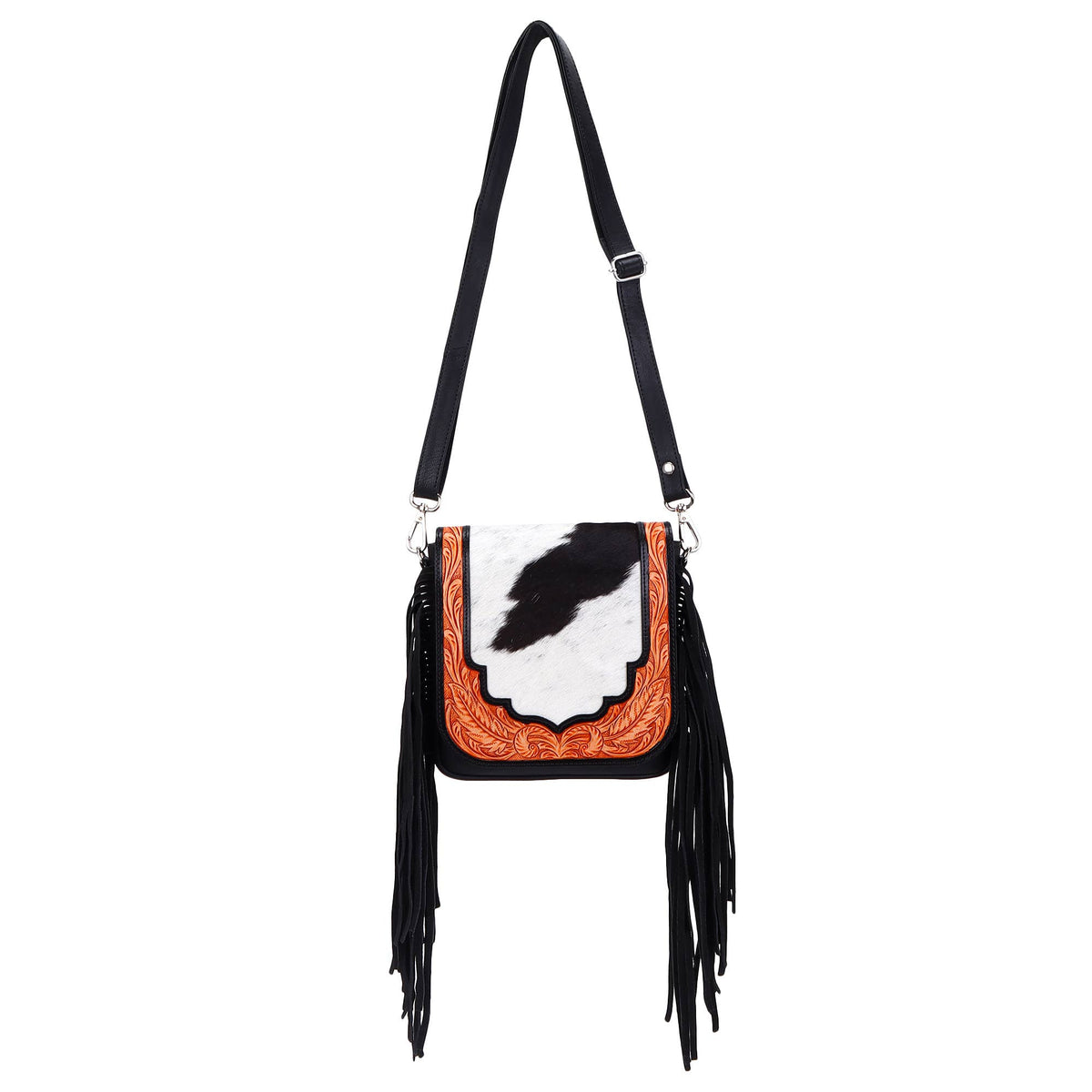 Sixtease Bags USA - Leather Cowhide Western Hand Tooled Women Small Crossbody - Black White Cowhide Inlay with Tan Floral Hand Tooled