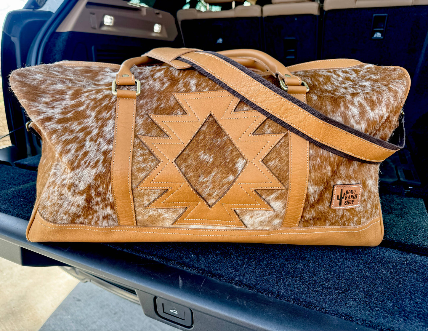 Boho Ranch Shop - AZTEC TRAVEL DUFFLE leather hair on cowhide travel bag