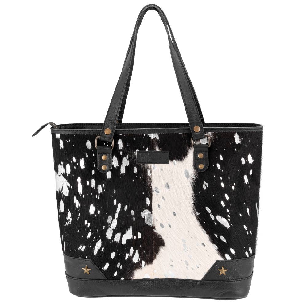 Sixtease Bags USA - Full Grain Leather & Acid Wash Cowhide Tote Bag - Women's - Tan/Gold